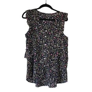 Women's Black Floral Ruffled Sleeveless V Neck Top Medium